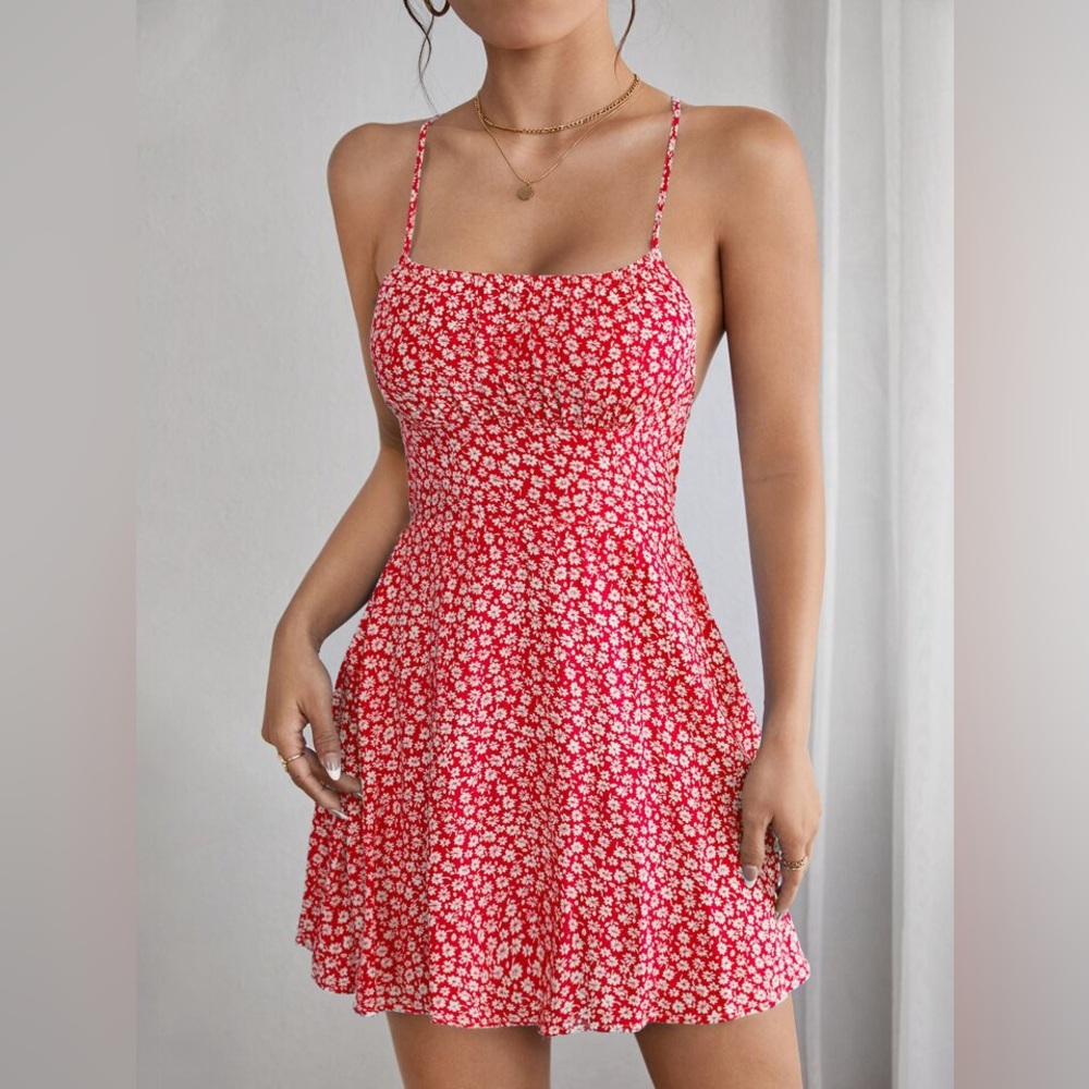 Ditsy Floral Print Cami Short Summer Dress Red Size S Petite